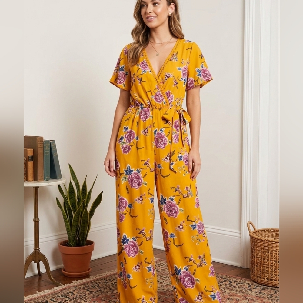 Sienna Sky Mustard Floral Wrap Jumpsuit